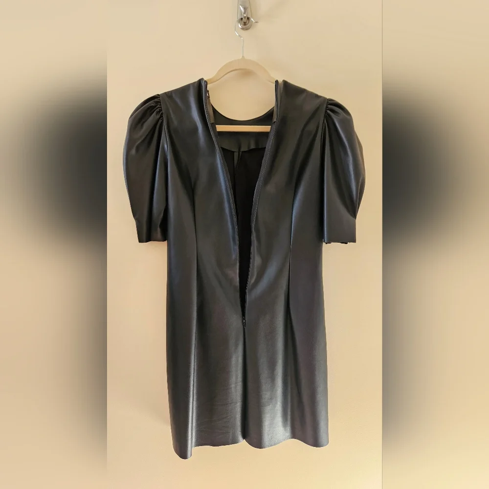 ZARA Black Leather Puff Sleeve Mini Dress Stretch Size Medium - Picture 7 of 13